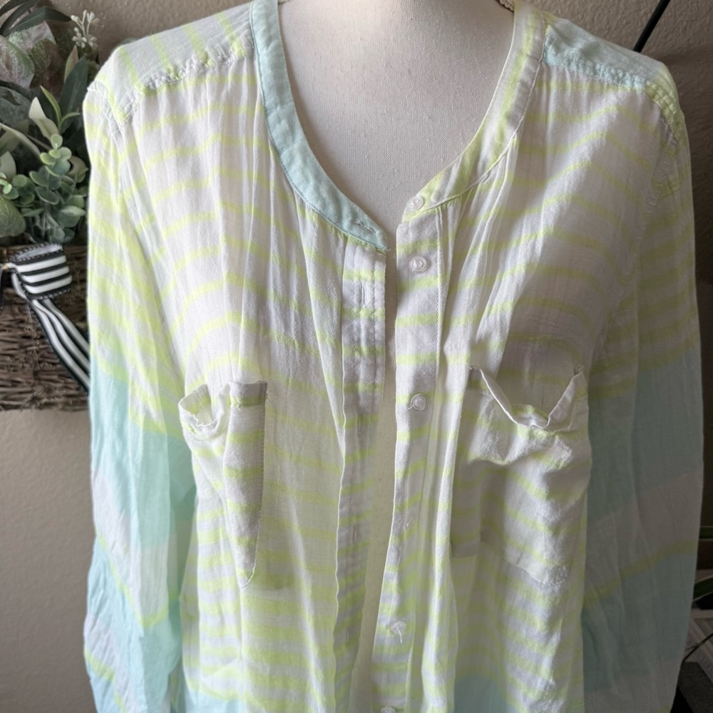 Lane Bryant Aqua & Neon Yellow Striped Button Down Shirt 26/28W Roll Tab Sleeves